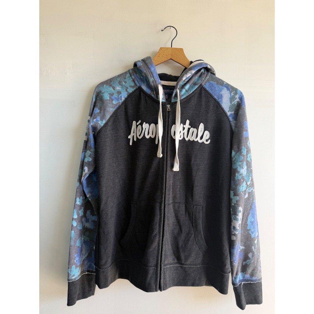 Aeropostale Full Zip Hoodie Gray Blue Floral Raglan Sleeve Logo Large Y2K Tween